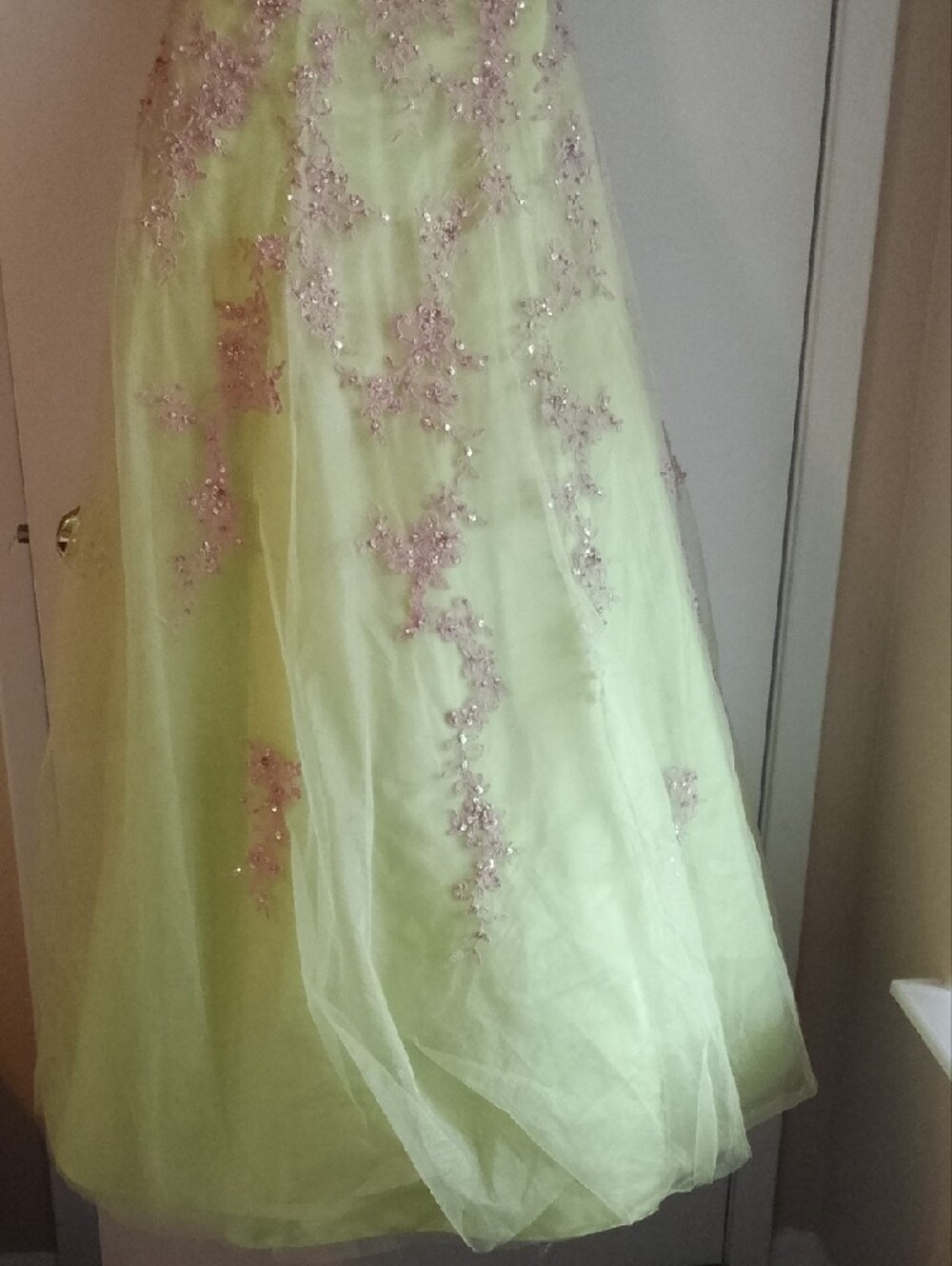 Strapless Yellow Ball Gown with Pink Embellishment - Picture 5 of 7